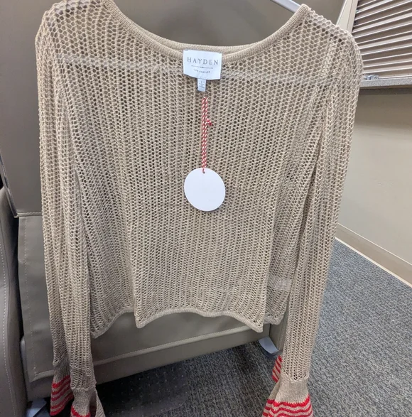 Hayden LA Crochet Crop Top L NWT • Coastal Boho Lightweight Sweater • Red Stripe - Picture 4 of 6